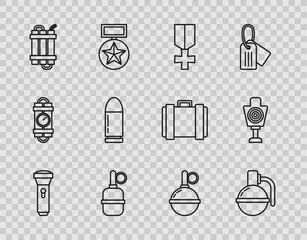 Sticker - Set line Flashlight, Hand grenade, Military reward medal, Detonate dynamite bomb stick, Bullet, and Human target sport for shooting icon. Vector