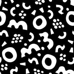 Black and white abstract paper cut shapes seamless pattern. Monochrome doodles background. Simple elements like O M om letters dots, geometric shapes. Contemporary naive art. Vector illustration.