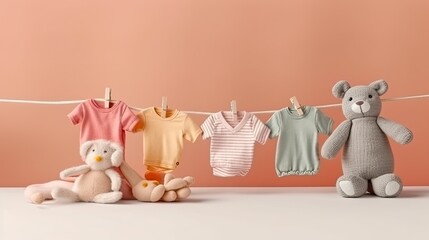 baby toys, clothes on pink background with copy space , AI Generated.  Generative AI