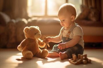 Wall Mural - Close up of a baby playing with a toy bear at home