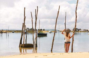 Tour tourism in France,  Arcachon bay,  atlantic ocean,  typical harbor and boat