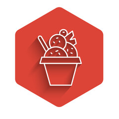 Canvas Print - White line Ice cream in the bowl icon isolated with long shadow. Sweet symbol. Red hexagon button. Vector