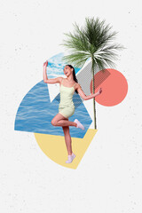 Sticker - Photo collage artwork minimal picture of adorable positive lady celebrating doing vacation isolated creative background