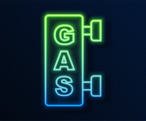 Wall Mural - Glowing neon line Gas filling station icon isolated on blue background. Transport related service building Gasoline and oil station. Vector