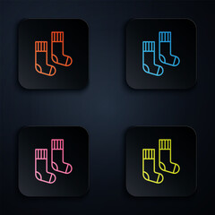 Sticker - Color neon line Socks icon isolated on black background. Set icons in square buttons. Vector