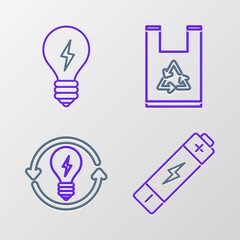 Sticker - Set line Battery, Recycle and light bulb with lightning symbol, Plastic bag recycle and Light icon. Vector