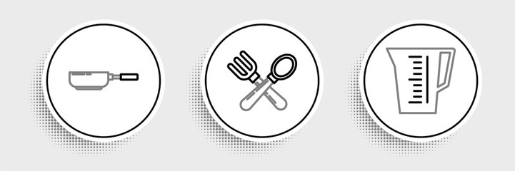 Sticker - Set line Measuring cup, Frying pan and Crossed fork and spoon icon. Vector