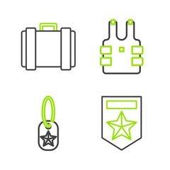 Poster - Set line Chevron, Military dog tag, Bulletproof vest for protection from bullets and ammunition box icon. Vector