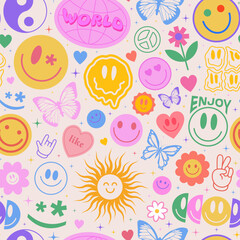 Aufkleber - Cool Y2k Seamless Pattern with Smile Stickers. Pop Art Illustration for Print. Trendy Groovy Texture.