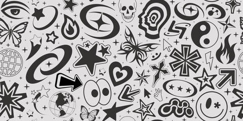 Leinwandbilder - Cool Y2k Seamless Pattern. Rave Graphic Elements. Trendy Acid Vector Background..