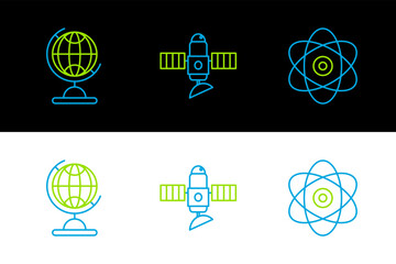 Poster - Set line Atom, Earth globe and Satellite icon. Vector