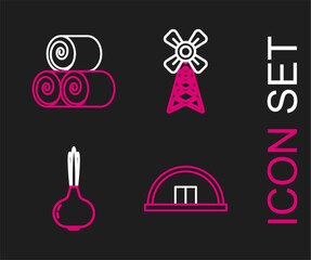 Poster - Set line Hangar, Onion, Windmill and Roll of hay icon. Vector