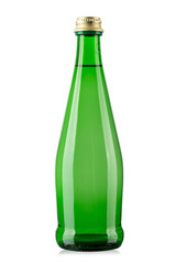 Wall Mural - Green glass bottle of mineral water isolated on white background.