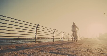 Wall Mural - Carefree woman with bike riding on beach having fun, on the seaside promenade on a summer day. Summer Vacation. Travel and lifestyle Concept.