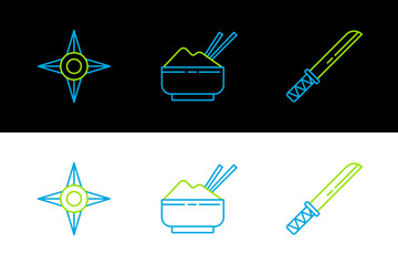 Poster - Set line Traditional Japanese katana, ninja shuriken and Rice bowl with chopstick icon. Vector