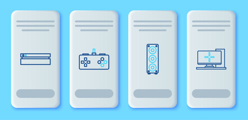 Sticker - Set line Gamepad, Stereo speaker, Video game console and Computer monitor icon. Vector