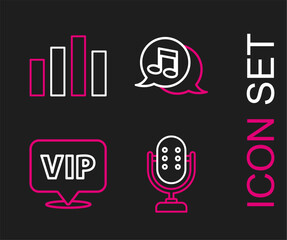 Sticker - Set line Microphone, Location Vip, Musical note in speech bubble and equalizer icon. Vector