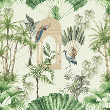 Indian Style Tropical Forest Garden With Temple, Peacock And Stork Seamless Illustration Pattern For Wallpaper
