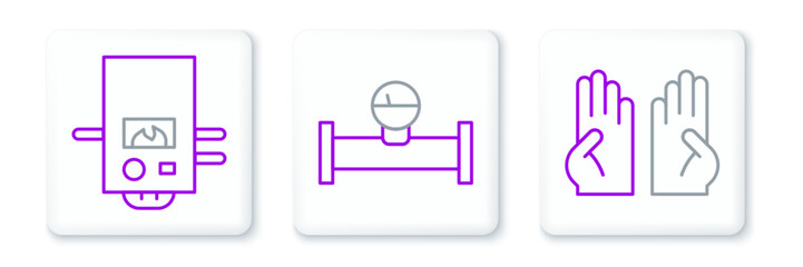 Sticker - Set line Rubber gloves, Gas boiler and Industry pipe and manometer icon. Vector