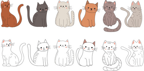 Sticker - set of cats in doodle style isolated vector