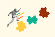 © deagreez - Photo banner motivation collage of young sportsman running incomplete puzzles reaching achievement challenge isolated on beige background