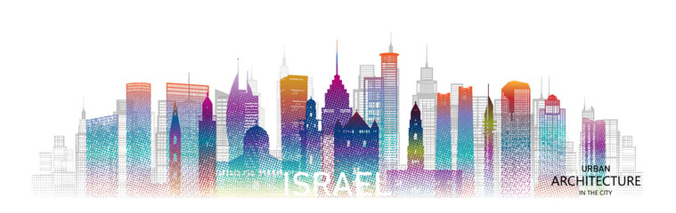 Wall Mural - Travel architecture silhouette in Israel, jerusalem, aviv with colorful halftone style.