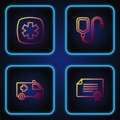 Poster - Set line Certificate template, Ambulance car, Emergency - Star of Life and IV bag. Gradient color icons. Vector