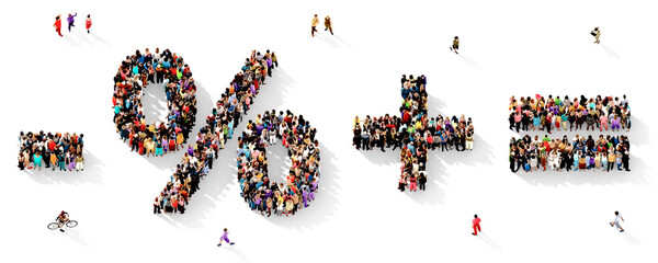 Large and diverse group of people gathered together in the shape of the symbols minus, percent, plus, and equal, human infographics concept, on transparent background
