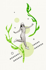 Sticker - Creative collage picture of young excited woman wear sunhat jumping wanderlust exploring wild nature seaweeds isolated on white background