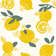 Vector summer pattern with lemons, flowers and leaves on white background.