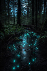 Wall Mural - bioluminescence in the forest at night generative ai