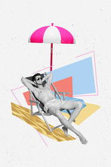 Sticker - Vertical collage picture of black white effect positive carefree guy recreating lounger sun umbrella sand beach water isolated on creative background