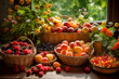 Bountiful Summer harvest with plenty of fresh vibrant peaches and berries in baskets, showing Self sufficient farming and organic food, made with Generative AI