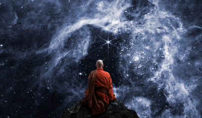 Wall Mural - Buddhist monk looking at the universe. AI generative