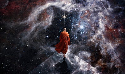 Wall Mural - Buddhist monk looking at the universe. AI generative