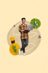 Sticker - Exclusive picture sketch collage image of smiling guy earning cash during working schedule isolated creative background