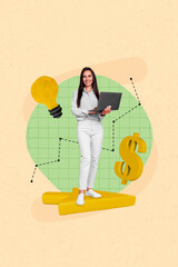 Sticker - Creative collage of young business lady hold laptop financial strategy lightbulb plan emoney pointer success isolated on green background