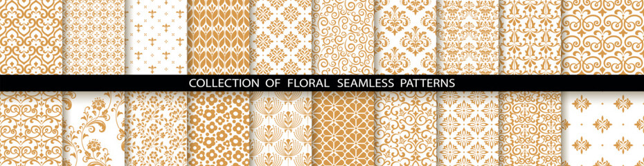 Geometric floral set of seamless patterns. White and gold vector backgrounds. Damask graphic ornaments