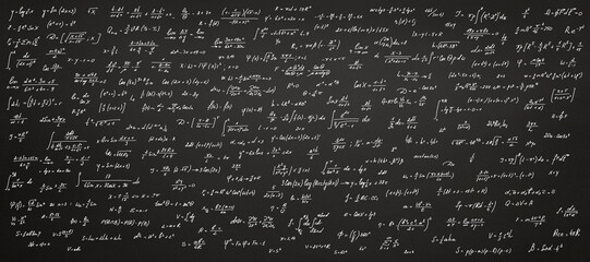 Wall Mural - abstract mathematical background, formulas and calculations are drawn in chalk on a blackboard