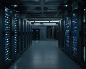  Computer data center room facility with server raks. Storage solutions. cloud storage servers. Generative Ai