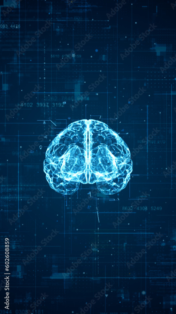 blue particle digital brain logo with grid line and technology icon ...
