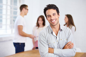 Wall Mural - Portrait, happy and business man with arms crossed in office, workplace or company. Face, smile and confident male professional, entrepreneur or person with pride for career, job and success mindset