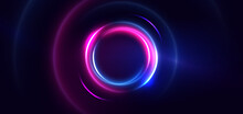 Abstract Technology Futuristic Circles Neon Glowing Blue And Pink Light Lines With Speed Motion Blur Effect On Dark Blue Background.