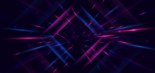 Wall Mural - abstract technology futuristic square neon glowing blue and pink light lines with speed motion blur 