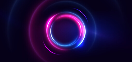 abstract technology futuristic circles neon glowing blue and pink light lines with speed motion blur