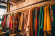 © Denis Yevtekhov - An eclectic display of vintage clothing hanging on racks, with vibrant colors and unique patterns, creating a nostalgic atmosphere in the store Generative AI