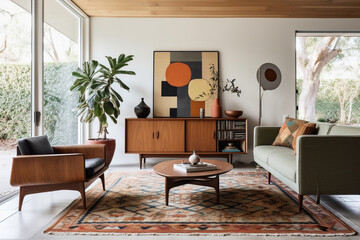 a mid-century modern living room with a teak wood sideboard, a retro patterned rug, an eames lounge 