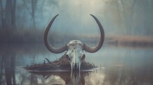 Creepy Looking Old Buffalo Skull With Long Horns That Died In Dirty Murky Water Swamp, Eerie Mist Of Death And Rotting Decay Hangs In Air - Generative AI