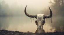 Creepy Looking Old Buffalo Skull With Long Horns That Died In Dirty Murky Water Swamp, Eerie Mist Of Death And Rotting Decay Hangs In Air - Generative AI