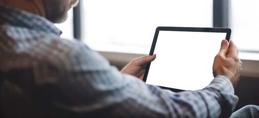 Man using tablet computer with a cut out screen. Based on Generative AI